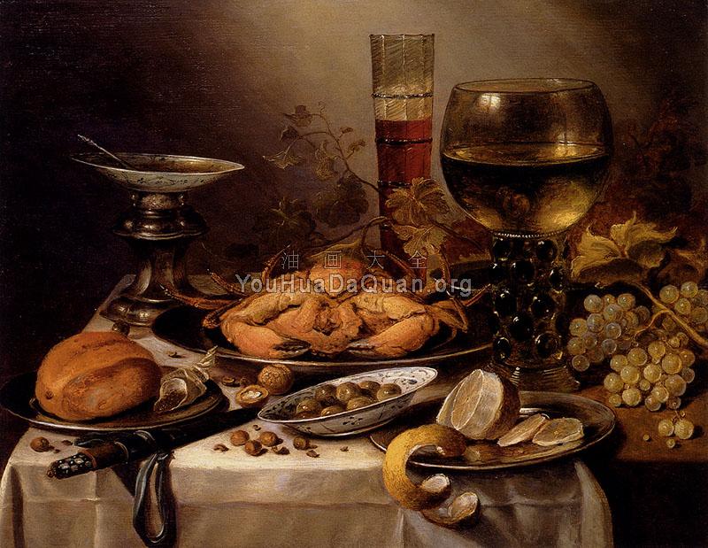 Banquet Still Life With A Crab On A Silver Platter, A Bunch Of Grapes, A Bowl Of Olives, And A Peeled Lemon All Resting On A Draped Table - 彼得·克莱兹